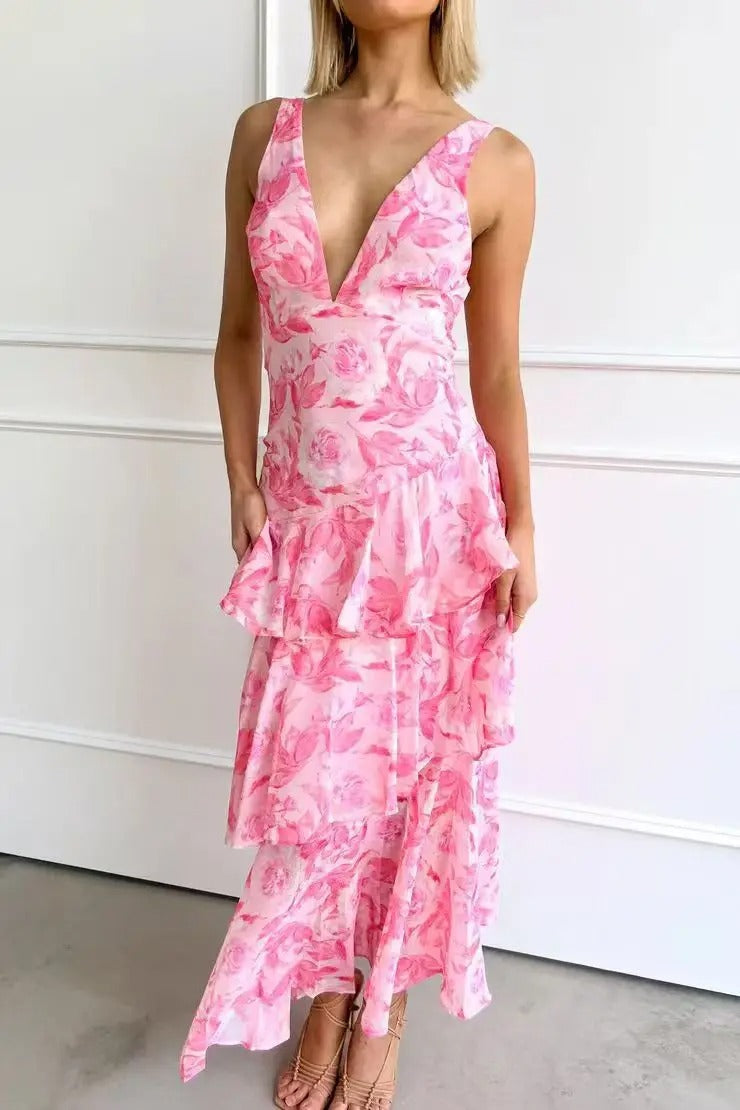 Maxi Dress Women - Tiered Ruffle Halter V-Neck | Summer