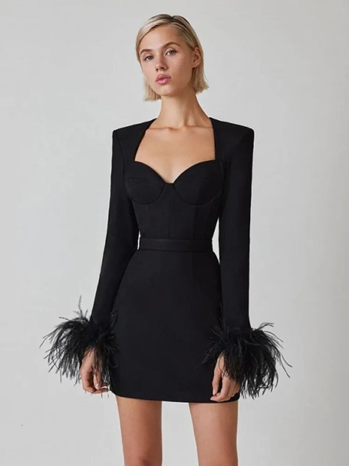 Mini Dress Women - Blazer Style Corset Feather Cuffs | Party