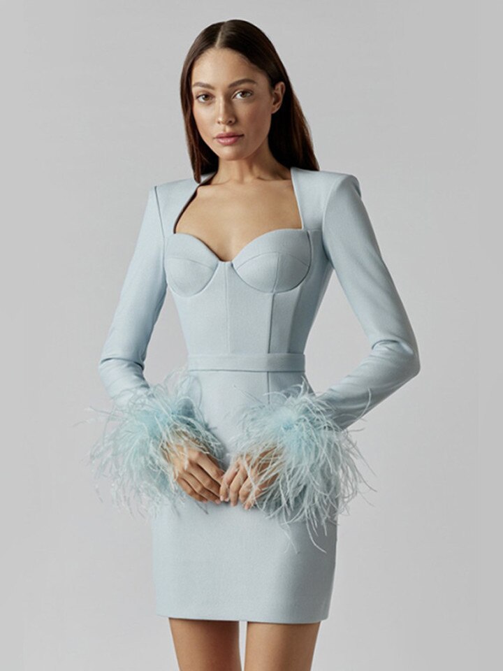 Mini Dress Women - Blazer Style Corset Feather Cuffs | Party