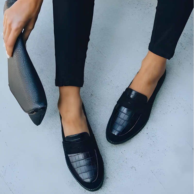 Women's Loafers - Flat Slip-On Croc Print Panel Round Toe | Smart Casual