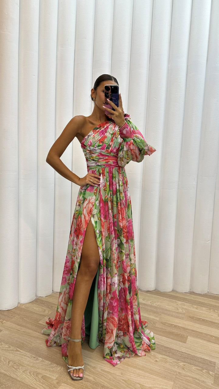 Maxi Dress Women - One Shoulder Long Sleeve Floral Split | Elegant