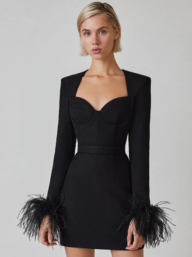 Mini Dress Women - Blazer Style Corset Feather Cuffs | Party