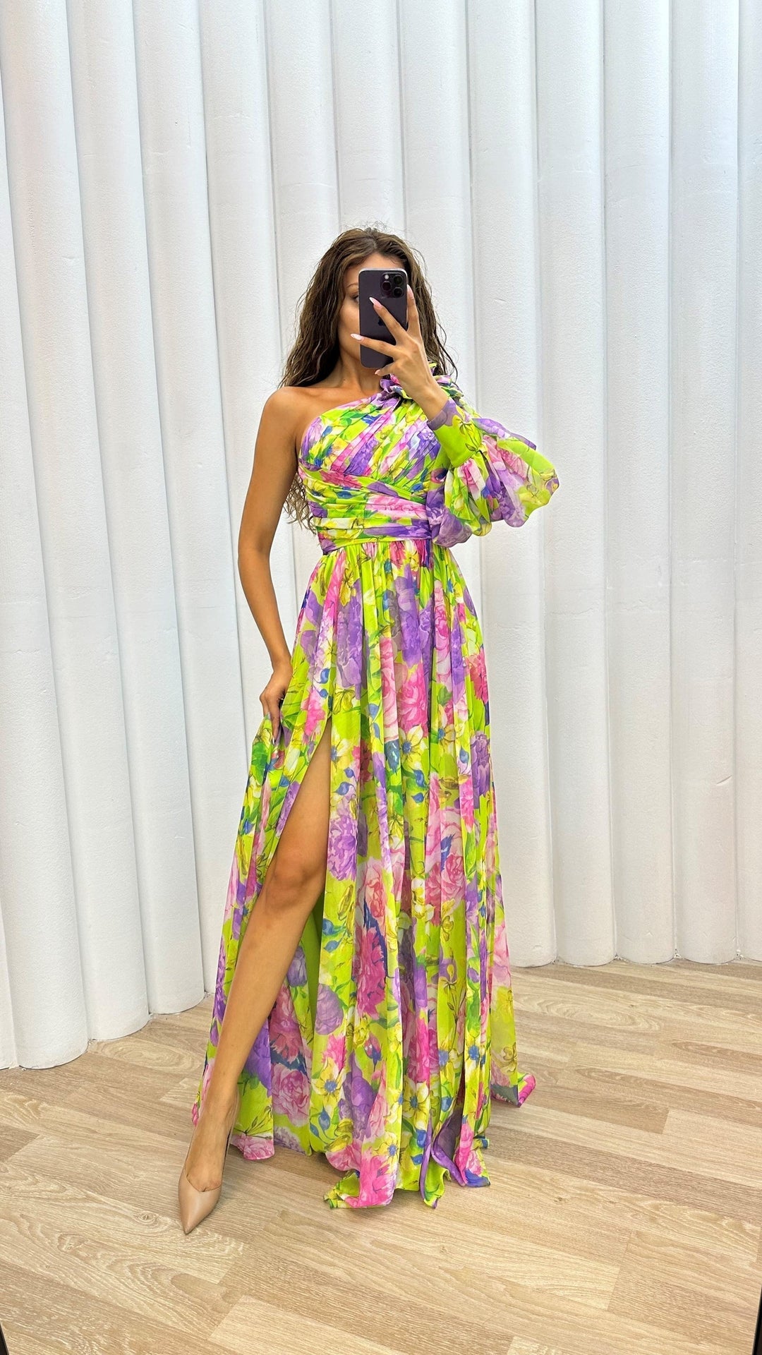 Maxi Dress Women - One Shoulder Long Sleeve Floral Split | Elegant