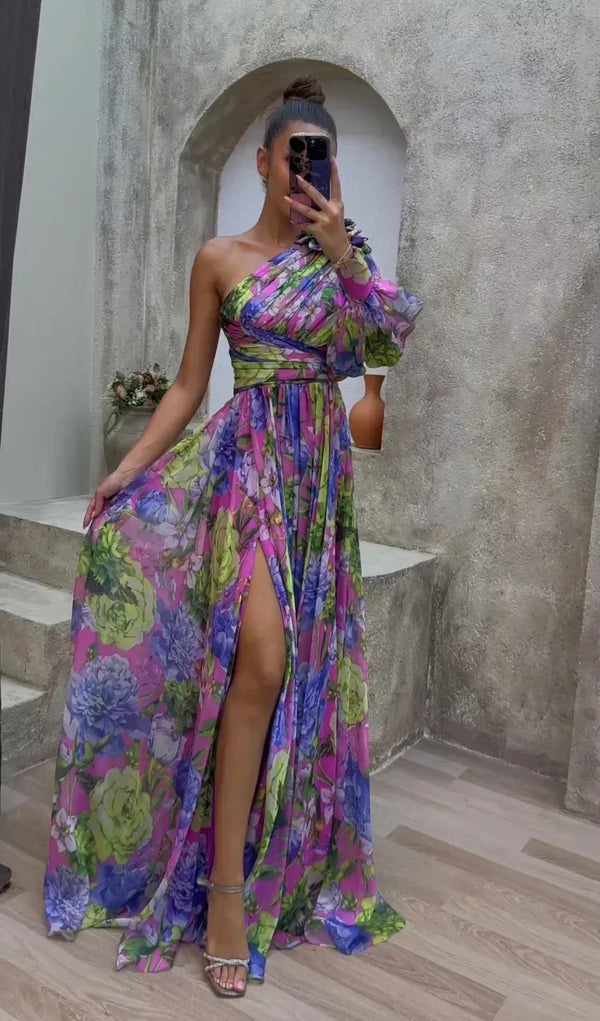 Maxi Dress Women - One Shoulder Long Sleeve Floral Split | Elegant