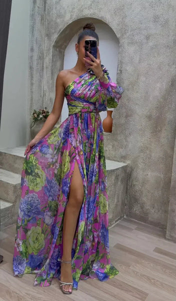 Maxi Dress Women - One Shoulder Long Sleeve Floral Split | Elegant