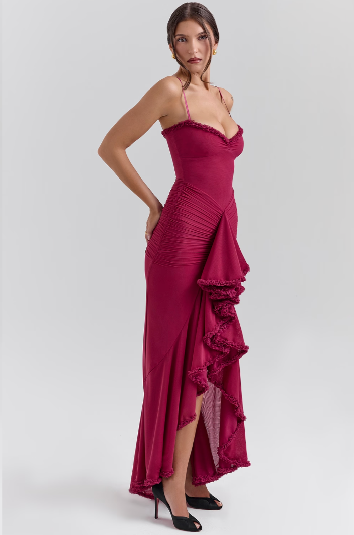 Maxi Dress Women - Sweetheart Strappy Ruffle Front Split | Elegant