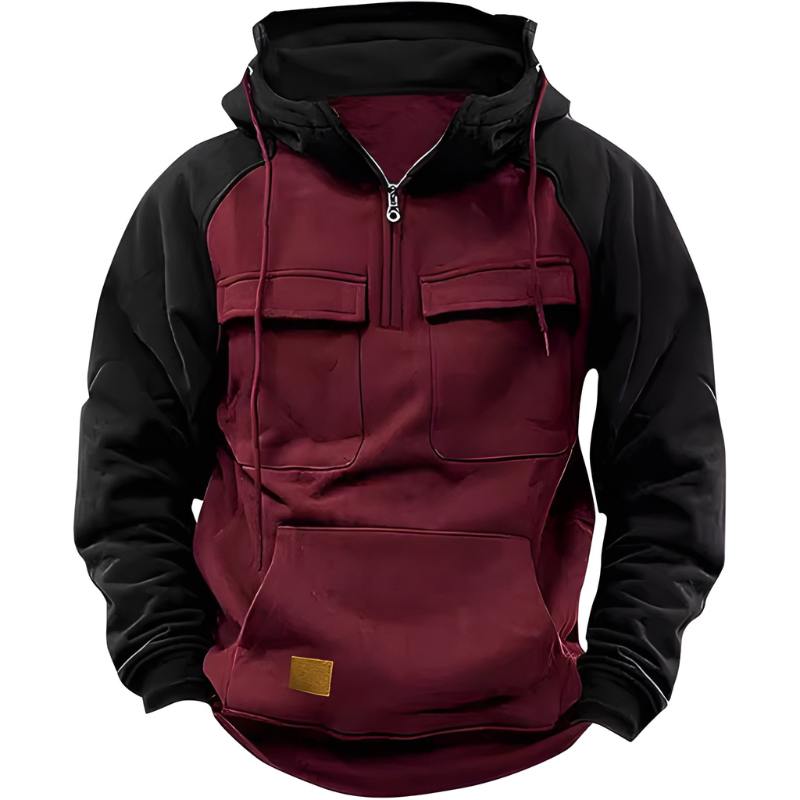 Men's Hoodie - Quarter Zip Contrast Sleeve Multi-Pocket | Casual