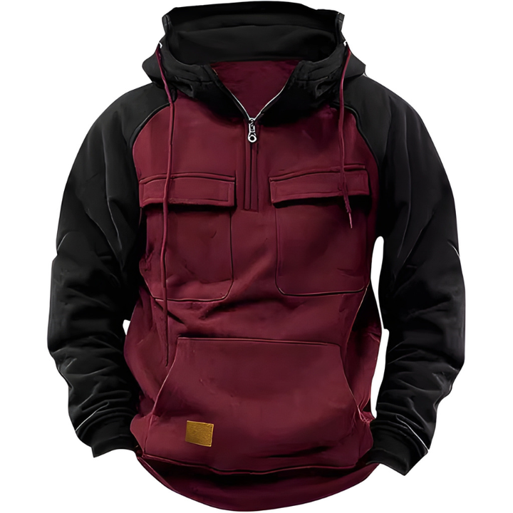 Men's Hoodie - Quarter Zip Contrast Sleeve Multi-Pocket | Casual