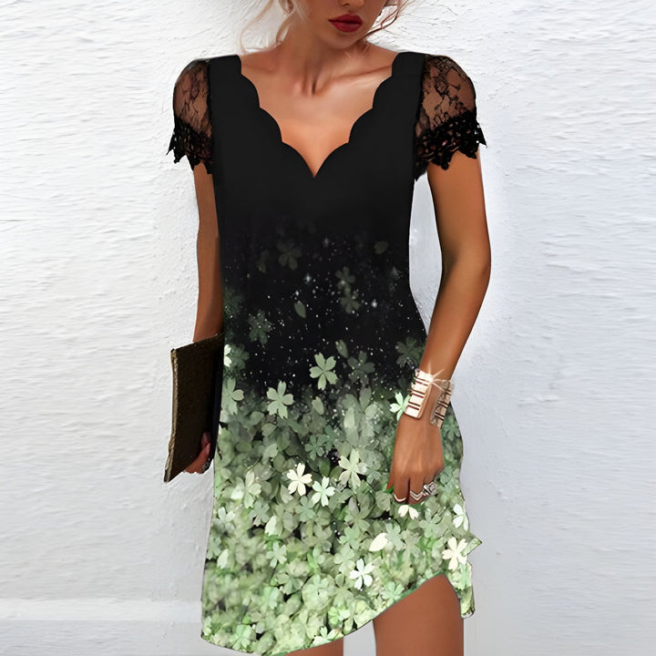 Mini Dress Women - V-Neck Short Sleeve with Floral Trim | Elegant