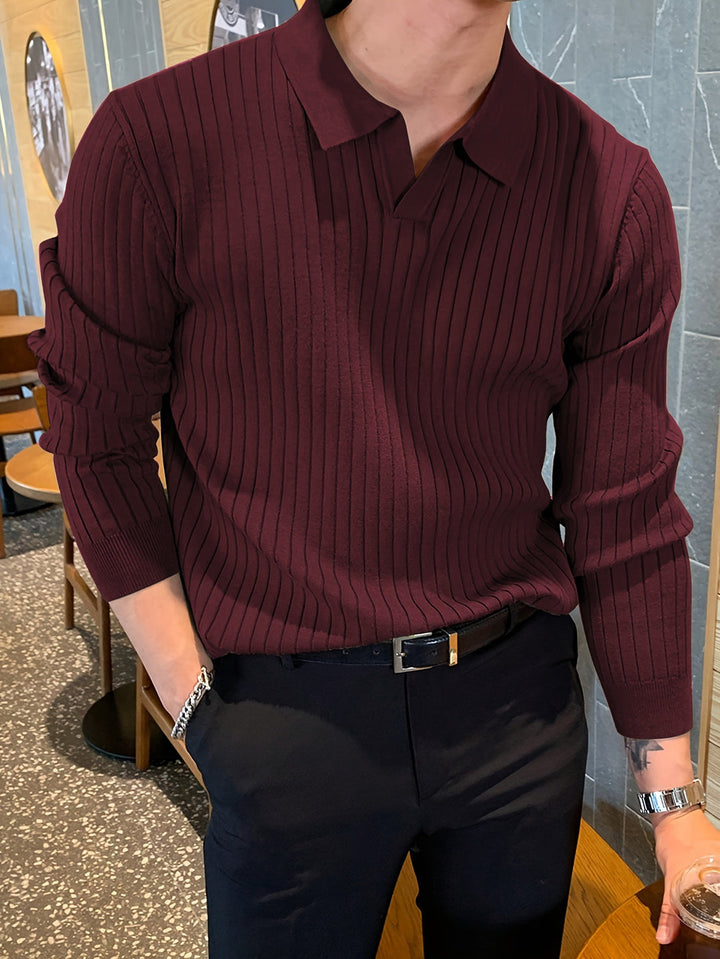 Men's Polo Shirt - Long Sleeve Ribbed Knit Open Collar | Casual