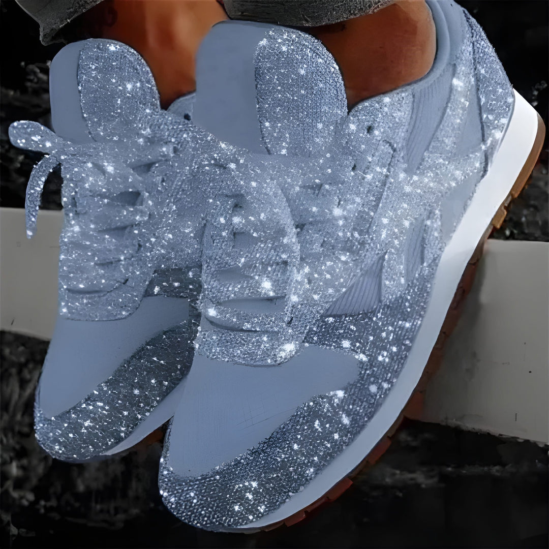 Women's Trainers - Glitter Lace Up Flat Sole Statement Sneaker | Casual