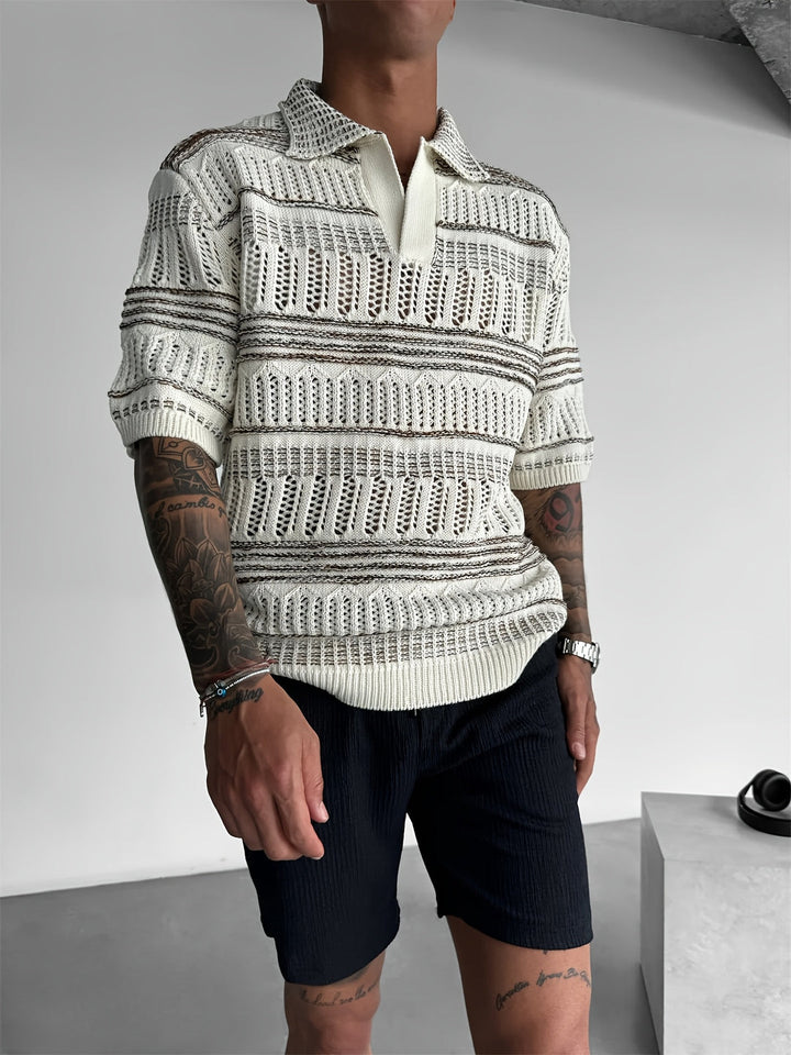 Polo Shirt Men - Short Sleeve Open Knit with Stripe Detail | Casual
