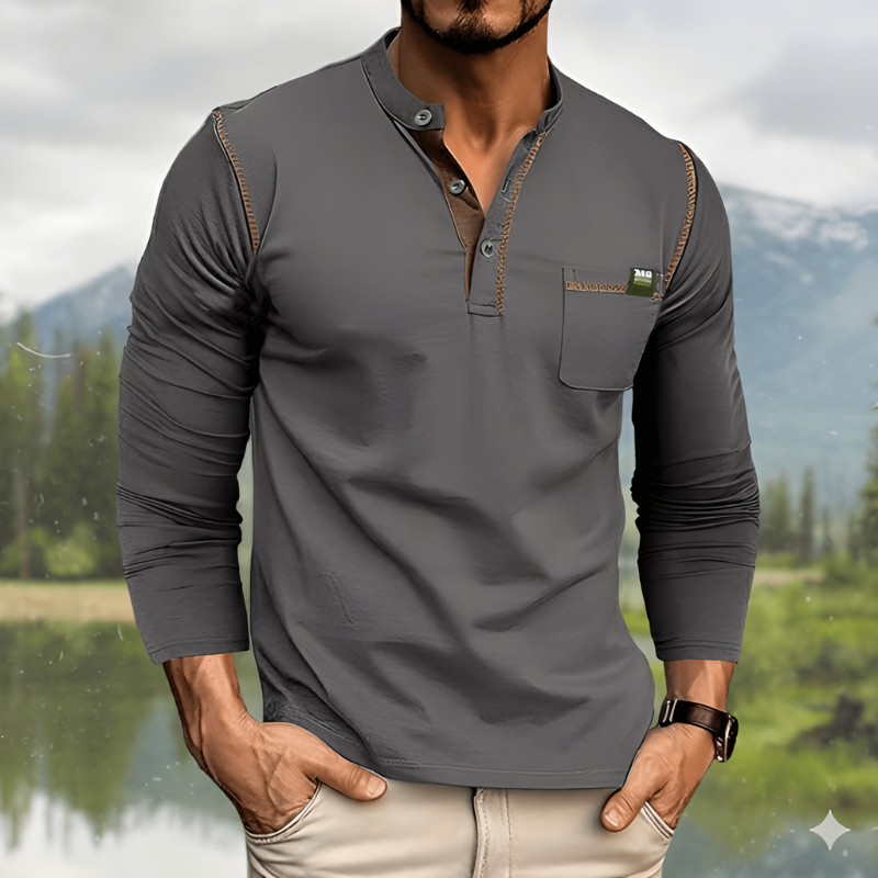 Men's T Shirts - Long Sleeve Henley with Stand Collar | Casual
