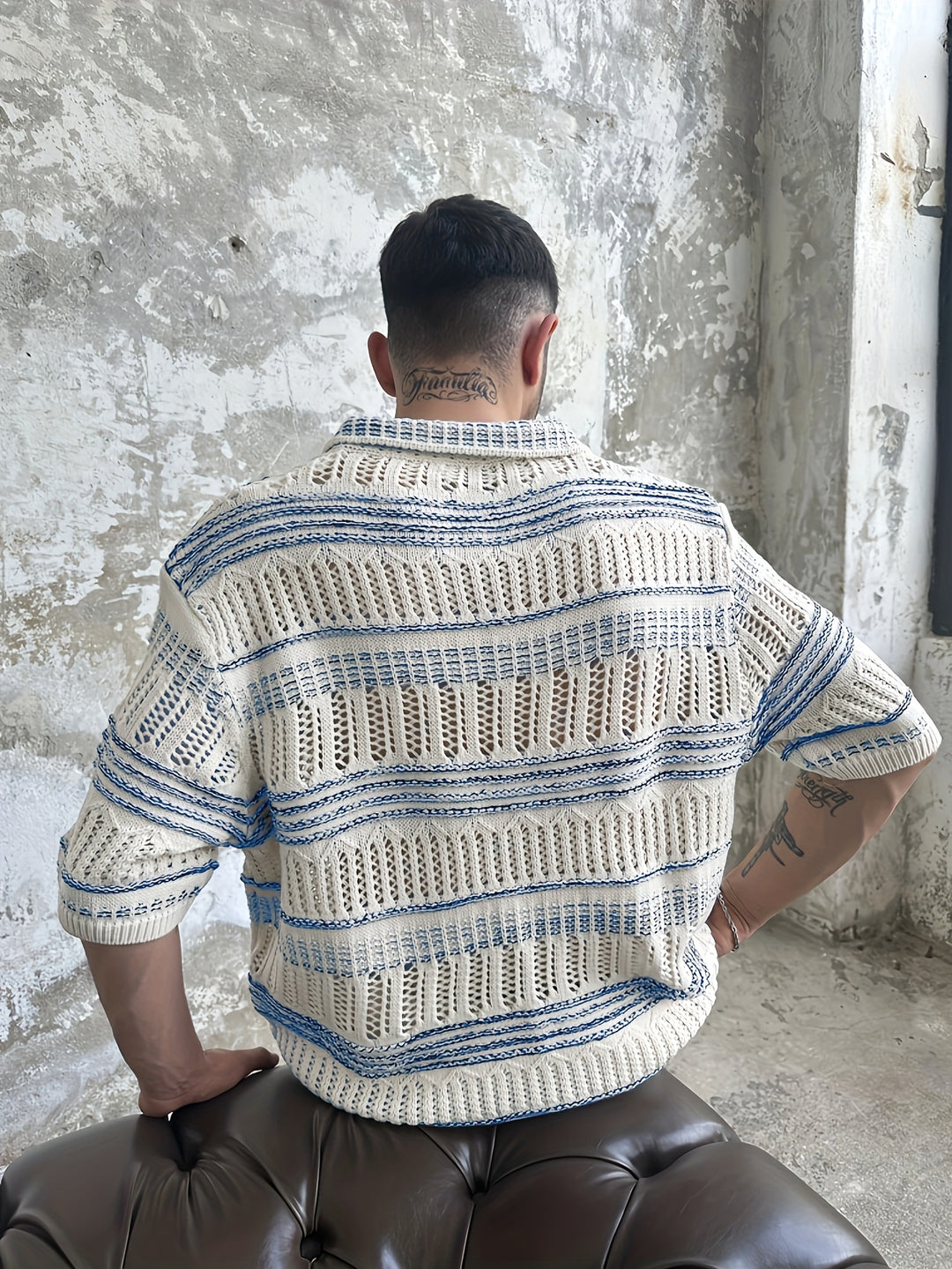 Polo Shirt Men - Short Sleeve Open Knit with Stripe Detail | Casual