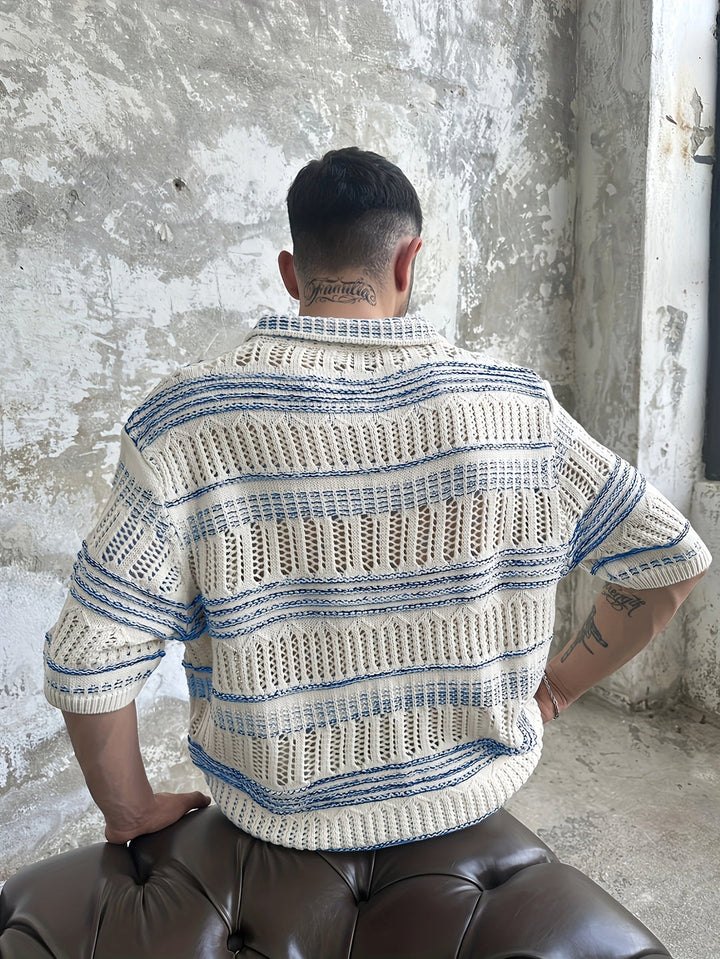 Polo Shirt Men - Short Sleeve Open Knit with Stripe Detail | Casual