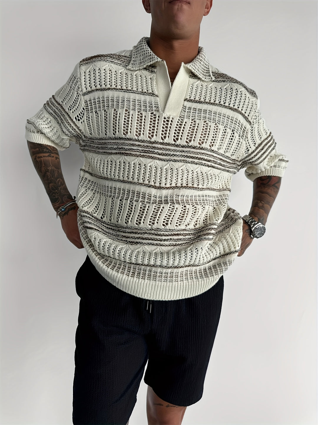 Polo Shirt Men - Short Sleeve Open Knit with Stripe Detail | Casual