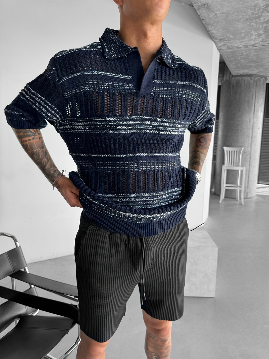 Polo Shirt Men - Short Sleeve Open Knit with Stripe Detail | Casual