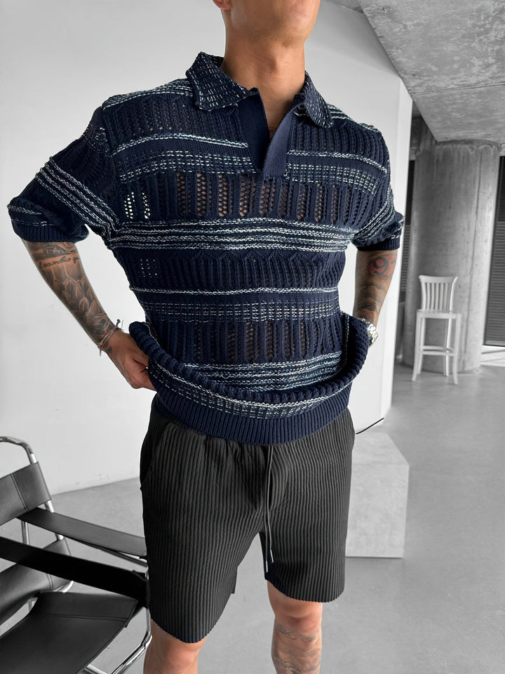 Polo Shirt Men - Short Sleeve Open Knit with Stripe Detail | Casual