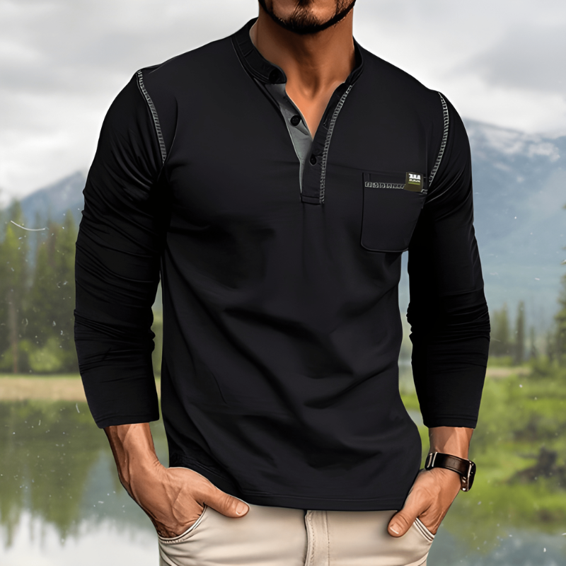 Men's T Shirts - Long Sleeve Henley with Stand Collar | Casual