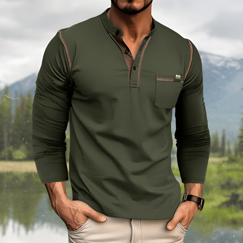 Men's T Shirts - Long Sleeve Henley with Stand Collar | Casual