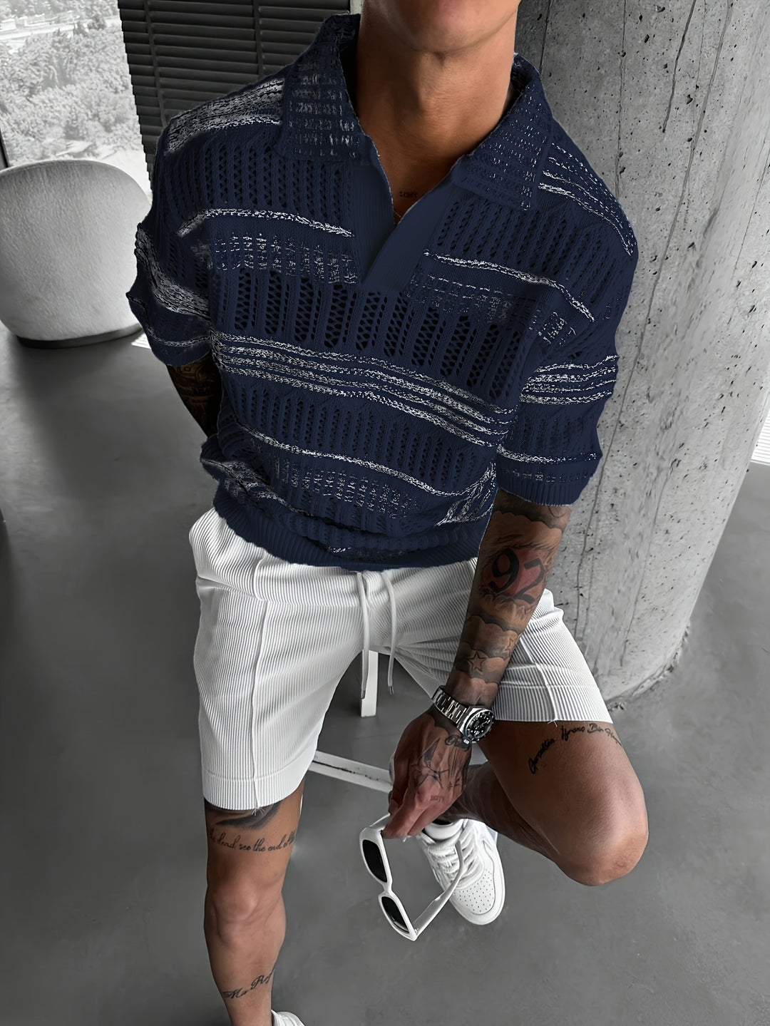 Polo Shirt Men - Short Sleeve Open Knit with Stripe Detail | Casual