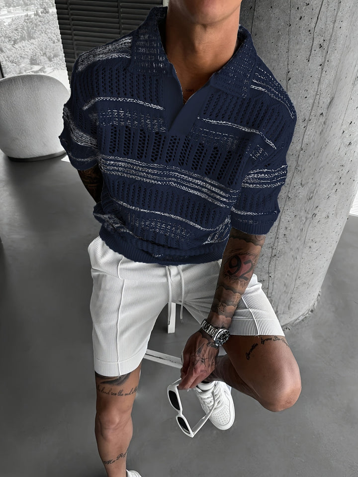 Polo Shirt Men - Short Sleeve Open Knit with Stripe Detail | Casual