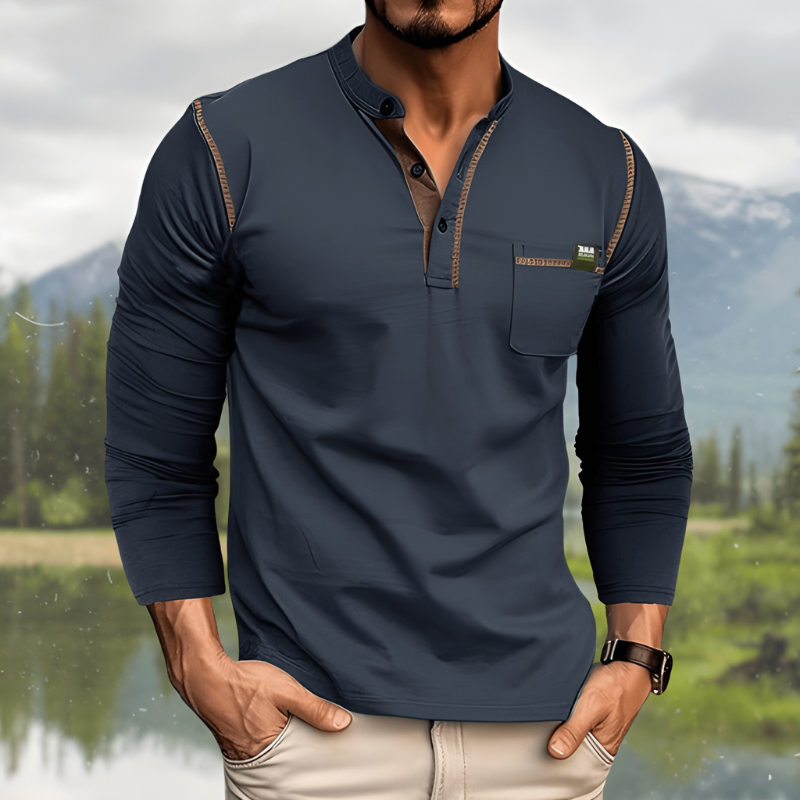 Men's T Shirts - Long Sleeve Henley with Stand Collar | Casual