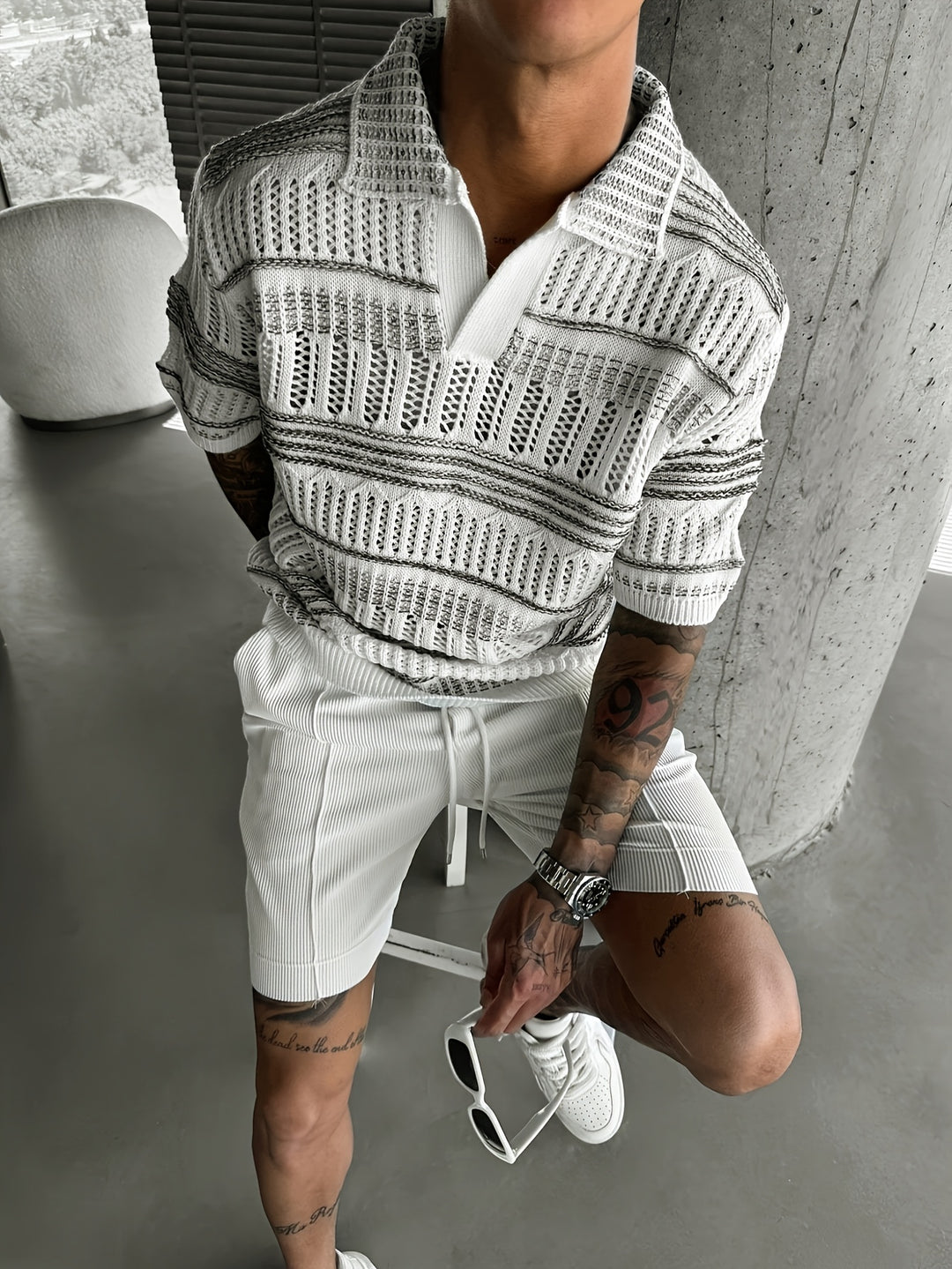 Polo Shirt Men - Short Sleeve Open Knit with Stripe Detail | Casual
