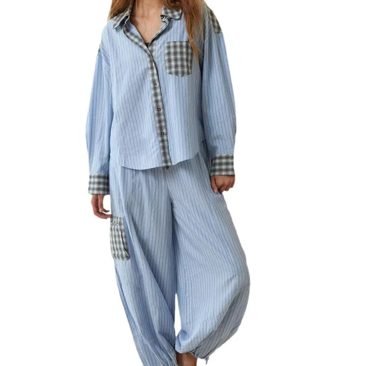 Pyjama Set Women - Striped Shirt and Wide Leg Trouser Set