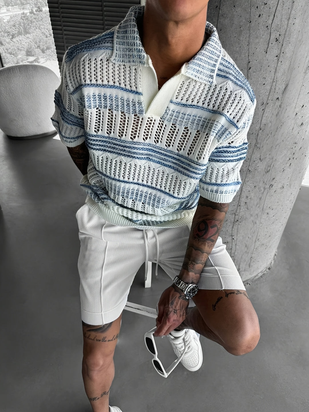 Polo Shirt Men - Short Sleeve Open Knit with Stripe Detail | Casual