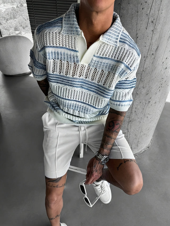 Polo Shirt Men - Short Sleeve Open Knit with Stripe Detail | Casual