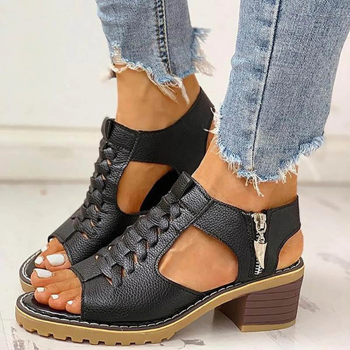 Women's Sandals - Block Heel Lace Up Peep Toe Side Zip | Summer