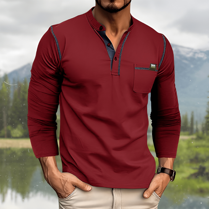 Men's T Shirts - Long Sleeve Henley with Stand Collar | Casual