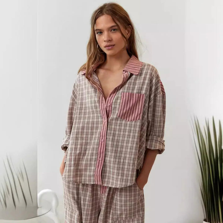 Pyjama Set Women - Striped Shirt and Wide Leg Trouser Set