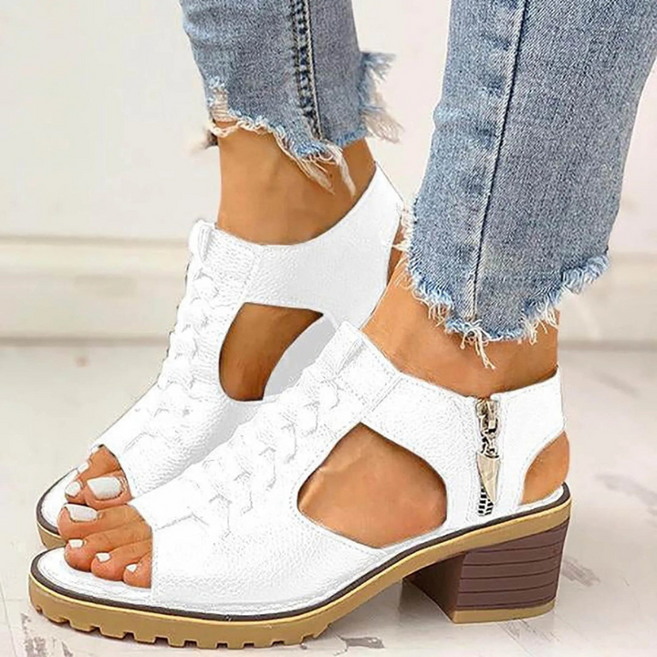 Women's Sandals - Block Heel Lace Up Peep Toe Side Zip | Summer