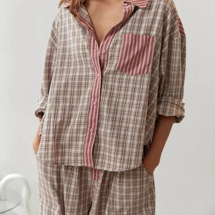 Pyjama Set Women - Striped Shirt and Wide Leg Trouser Set