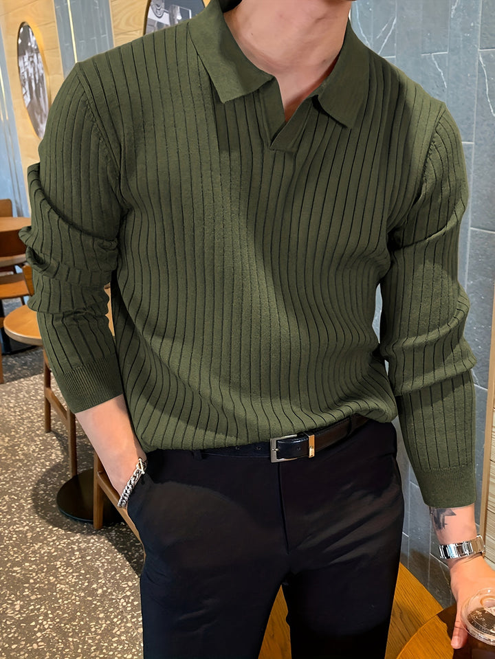 Men's Polo Shirt - Long Sleeve Ribbed Knit Open Collar | Casual