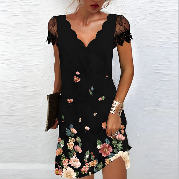 Mini Dress Women - V-Neck Short Sleeve with Floral Trim | Elegant
