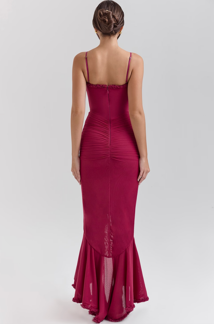 Maxi Dress Women - Sweetheart Strappy Ruffle Front Split | Elegant