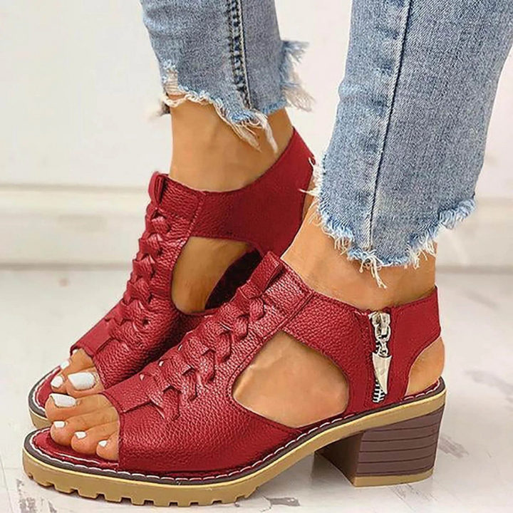 Women's Sandals - Block Heel Lace Up Peep Toe Side Zip | Summer