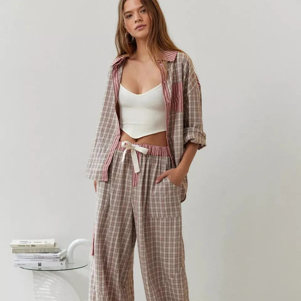 Pyjama Set Women - Striped Shirt and Wide Leg Trouser Set