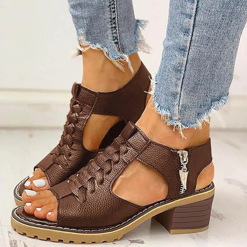 Women's Sandals - Block Heel Lace Up Peep Toe Side Zip | Summer