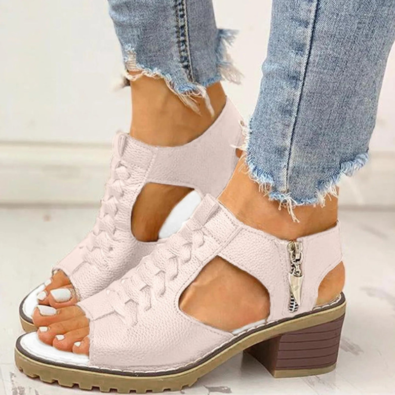 Women's Sandals - Block Heel Lace Up Peep Toe Side Zip | Summer