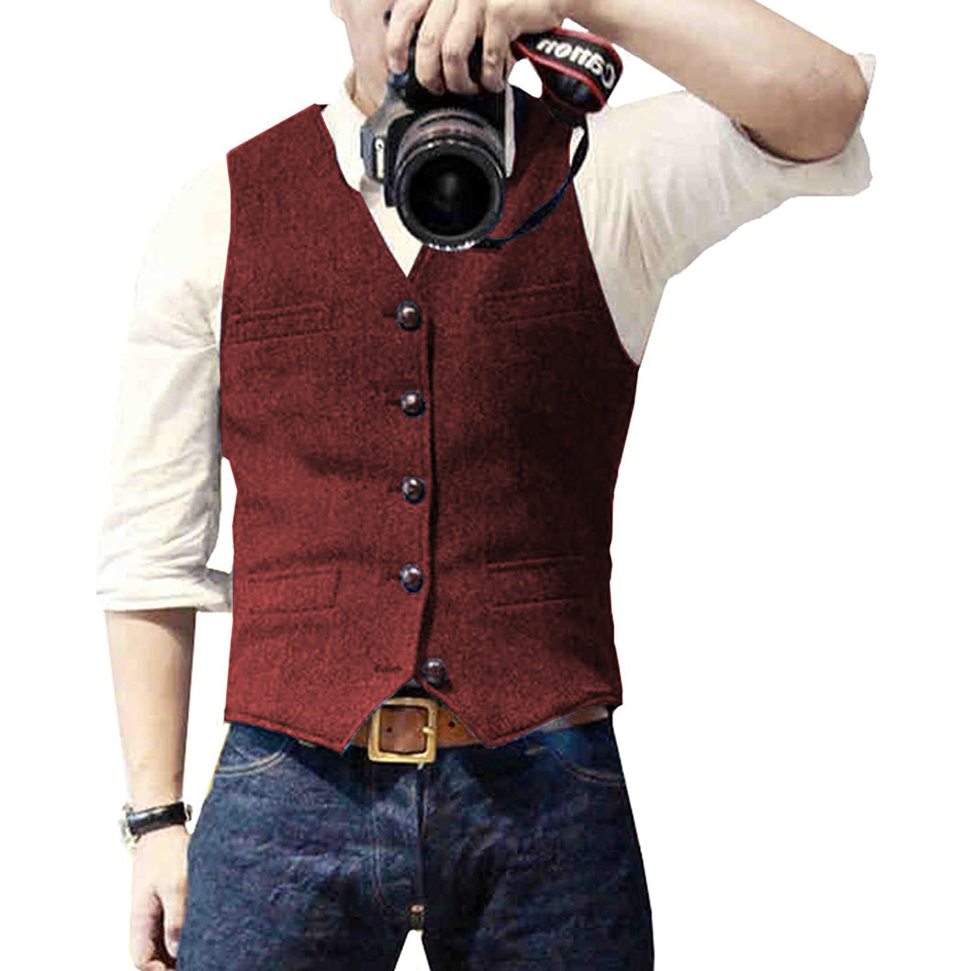 Men's Waistcoat - Slim Fit V-Neck Button-Up Chest Pockets | Casual