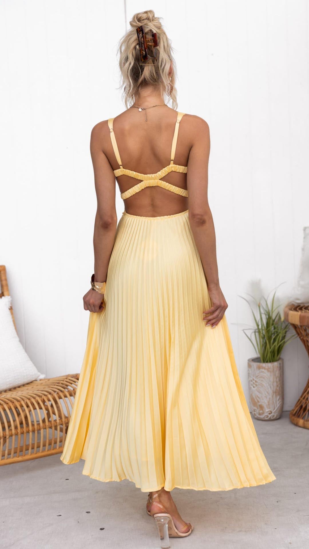 Maxi Dress Women - V-Neck Pleated Skirt Straps | Summer
