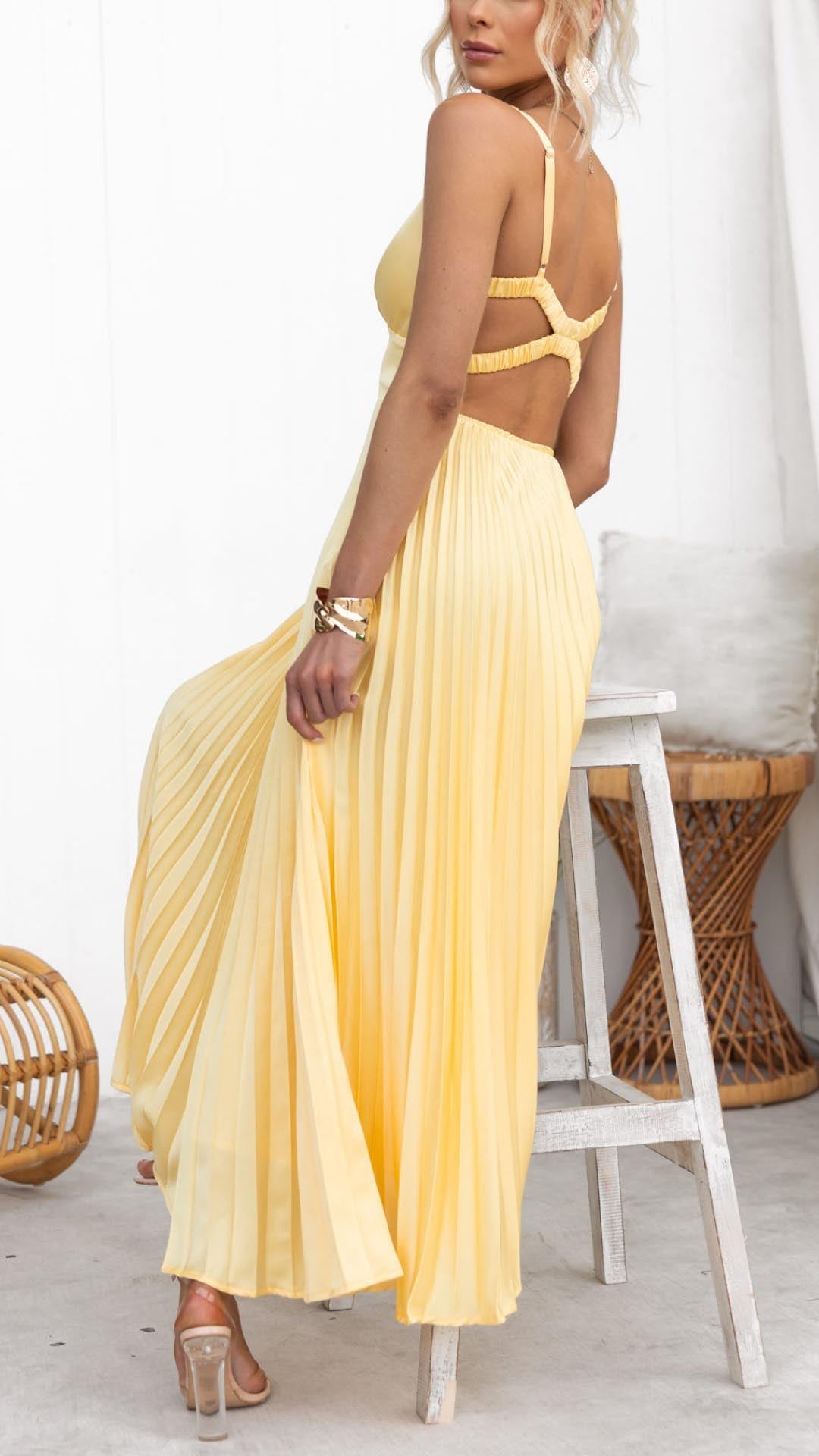 Maxi Dress Women - V-Neck Pleated Skirt Straps | Summer