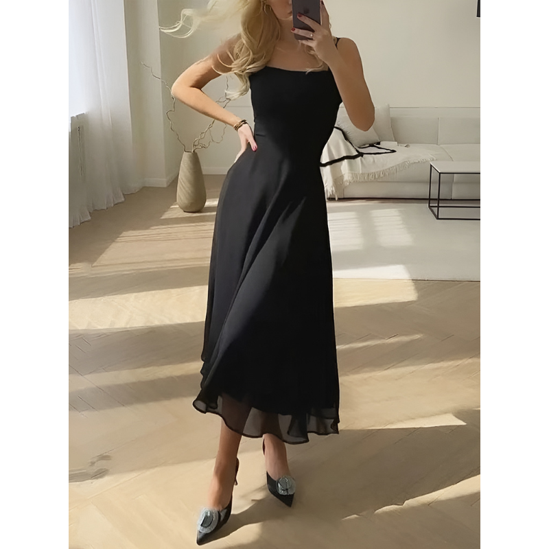 Midi Dress Women - Square Neck Strappy A-Line Full Skirt | Elegant