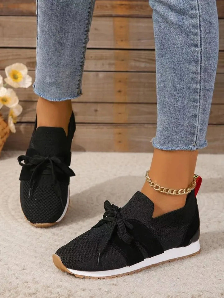 Women's Trainers - Bow Detail Slip On Knit Flat Sneaker | Casual