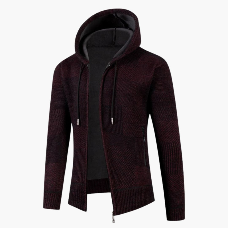 Men's Hoodie - Full Zip Knitted with Patchwork Texture | Casual