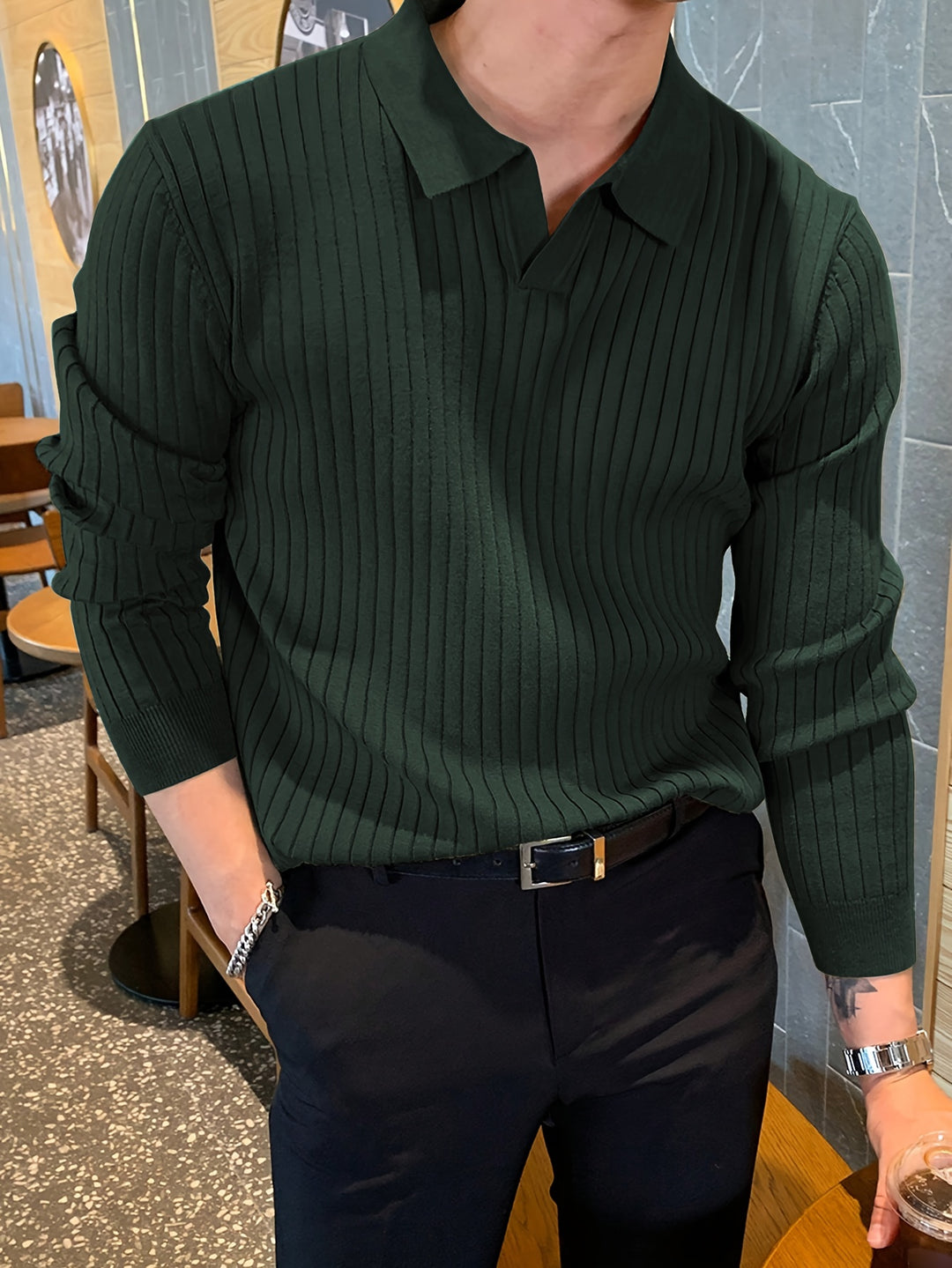 Men's Polo Shirt - Long Sleeve Ribbed Knit Open Collar | Casual